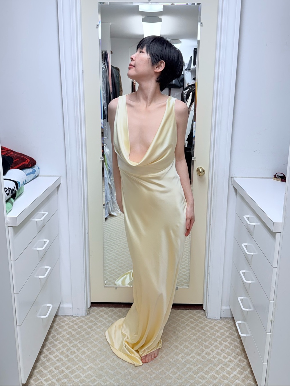 NWOT Michael Lo Sordo Silk Pale Yellow Cowl Neck Slip Dress, Size US 6